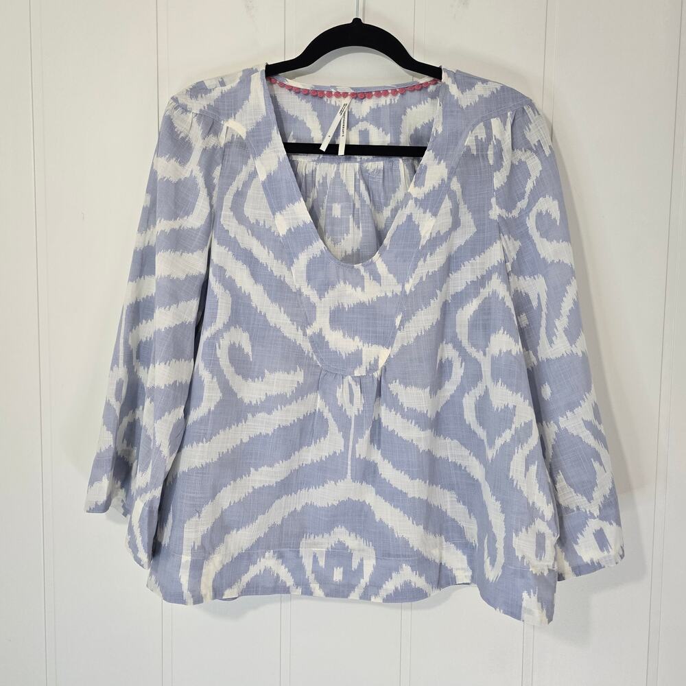 Anthropologie Laverne Blouse Light Blue Ikat Print Boxy Fit Cotton Size Small